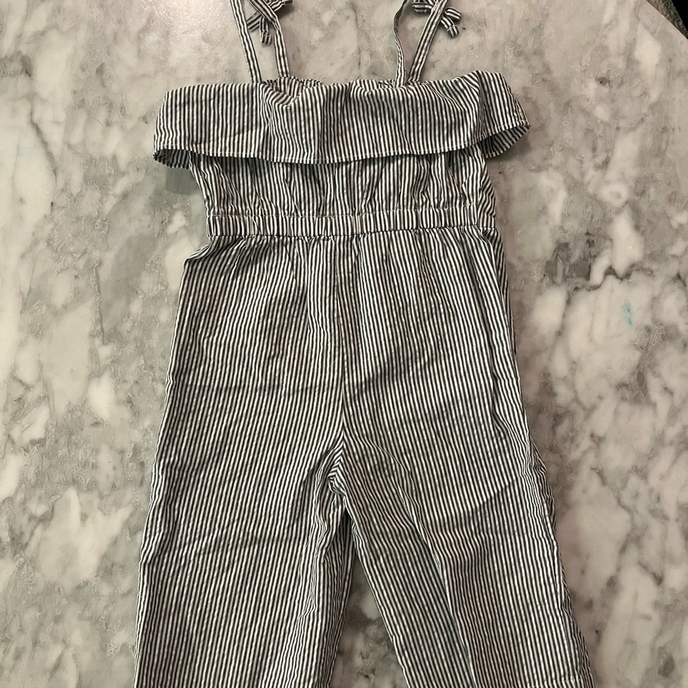 Carter's Blue and White Jumpsuit with Ruffled Neckline and straps size 2T